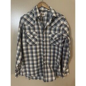 Vtg Ely Cattleman Shirt Mens M White Blue Brown Pearl Snap Western Cowboy Rodeo